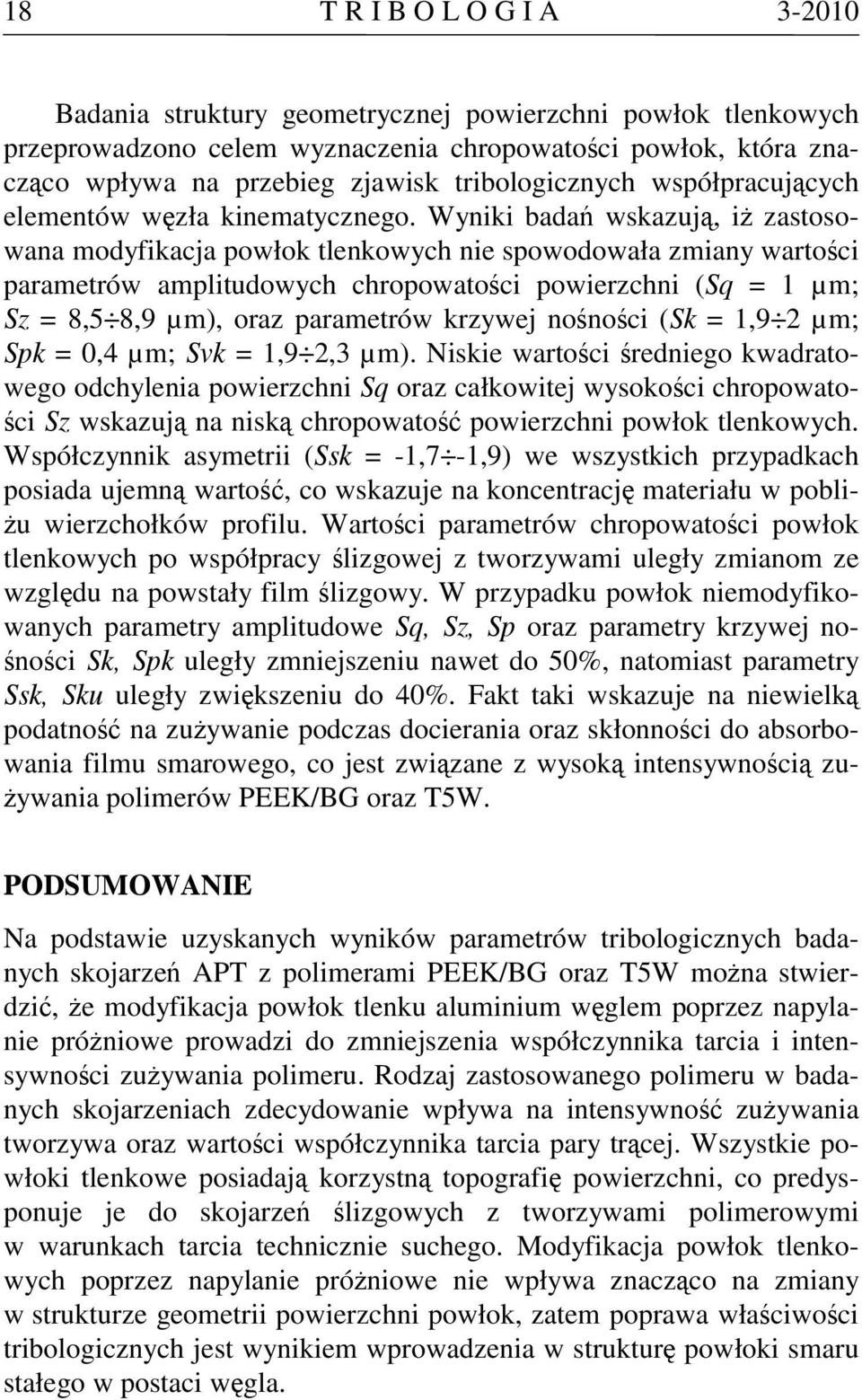 Wyniki badań wskazują, iż zastosowana modyfikacja powłok tlenkowych nie spowodowała zmiany wartości parametrów amplitudowych chropowatości powierzchni (Sq = 1 µm; Sz = 8,5 8,9 µm), oraz parametrów