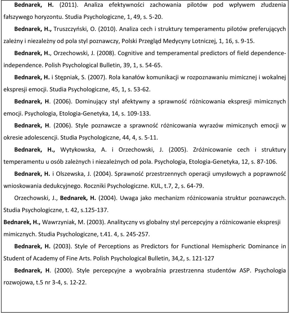 Cognitive and temperamental predictors of field dependenceindependence. Polish Psychological Bulletin, 39, 1, s. 54-65. Bednarek, H. i Stępniak, S. (2007).