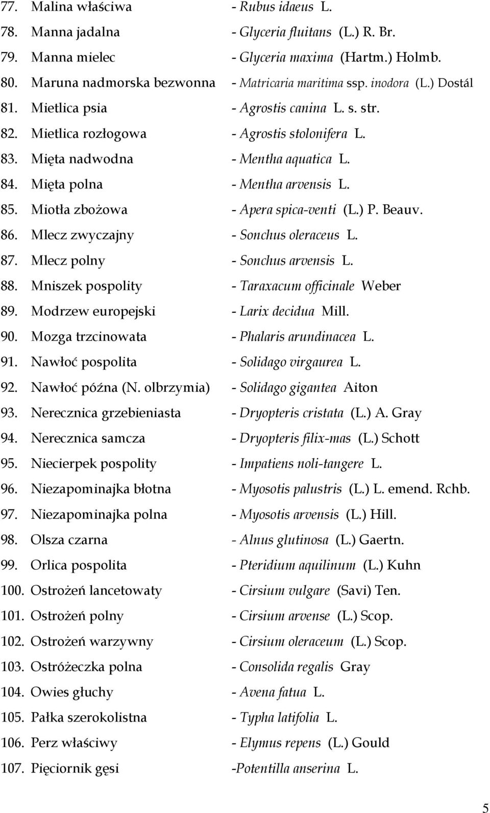 Miotła zbożowa - Apera spica-venti (L.) P. Beauv. 86. Mlecz zwyczajny - Sonchus oleraceus L. 87. Mlecz polny - Sonchus arvensis L. 88. Mniszek pospolity - Taraxacum officinale Weber 89.