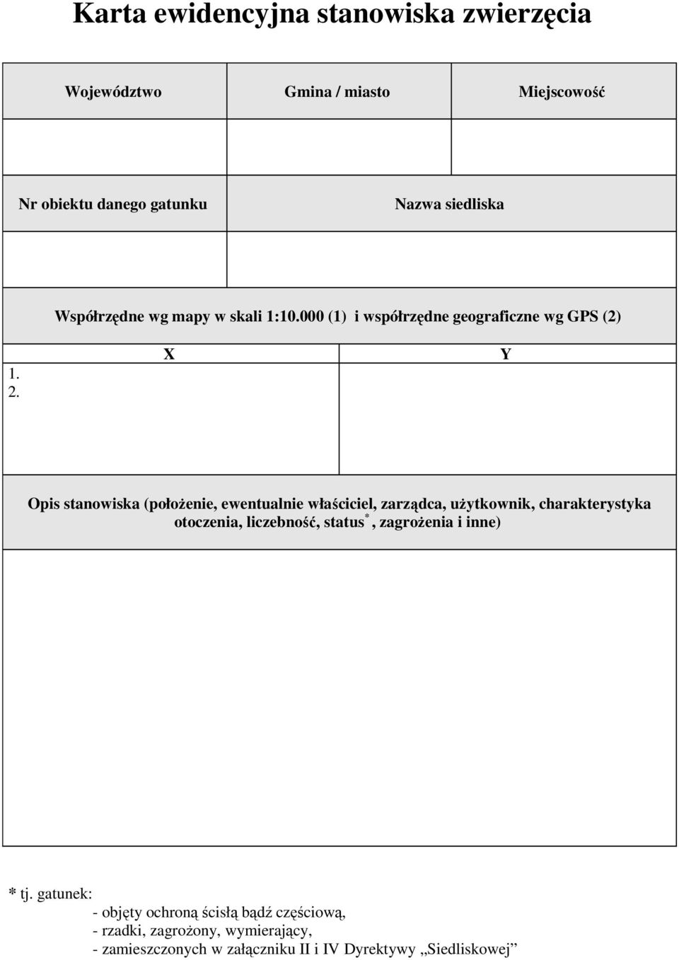 000 (1) i współrzędne geograficzne wg GPS (2) X Y Opis stanowiska (połoŝenie, ewentualnie właściciel, zarządca, uŝytkownik,