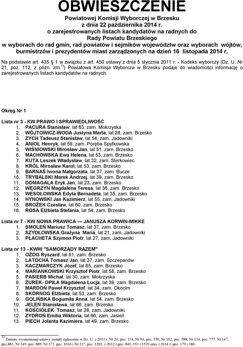 zarządzonych na dzień 16 listopada 2014 r. Na podstawie art. 435 1 w związku z art. 450 ustawy z dnia 5 stycznia 2011 r. - Kodeks wyborczy (Dz. U. Nr 21, poz. 112, z późn. zm.