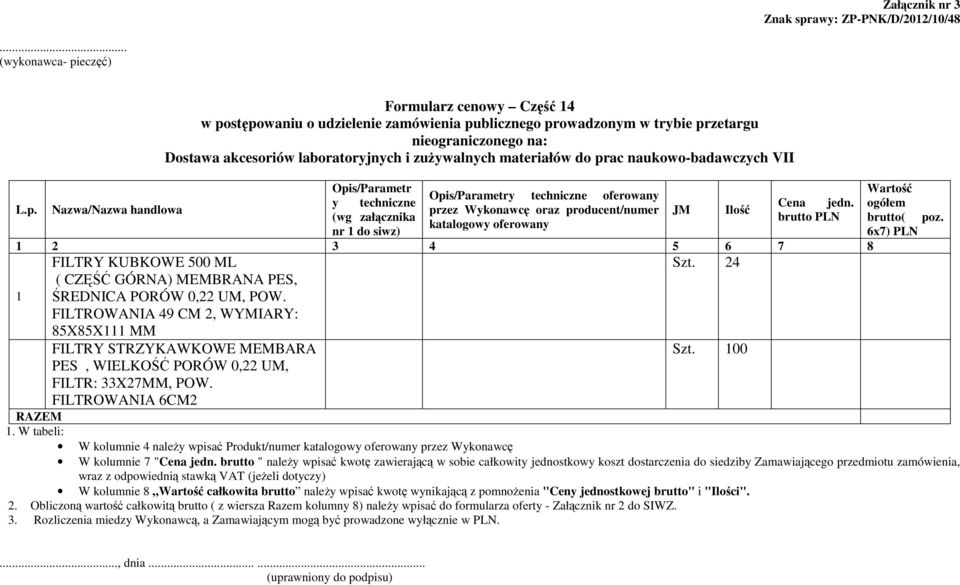 ogółem L.p. Nazwa/Nazwa handlowa przez Wykonawcę oraz producent/numer JM Ilość (wg załącznika brutto PLN brutto( poz.