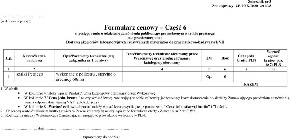 brutto " należy wpisać kwotę zawierającą w sobie całkowity jednostkowy koszt dostarczenia do siedziby Zamawiającego przedmiotu zamówienia, wraz z odpowiednią stawką VAT (jeżeli dotyczy) W kolumnie 8