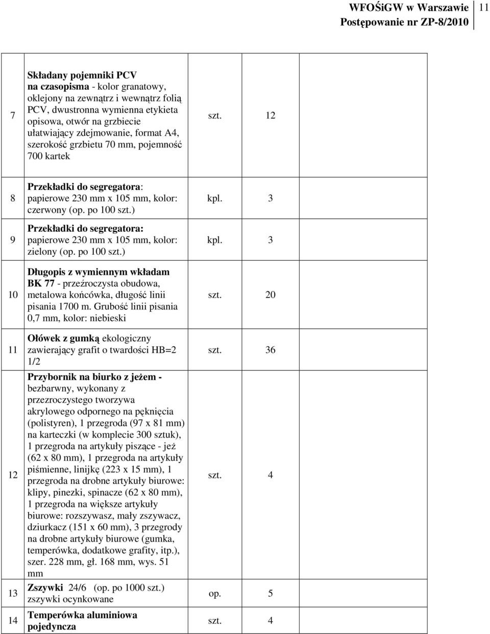 ) Przekładki do segregatora: papierowe 230 mm x 105 mm, kolor: zielony (op. po 100 szt.) Długopis z wymiennym wkładam BK 77 - przeźroczysta obudowa, metalowa końcówka, długość linii pisania 1700 m.