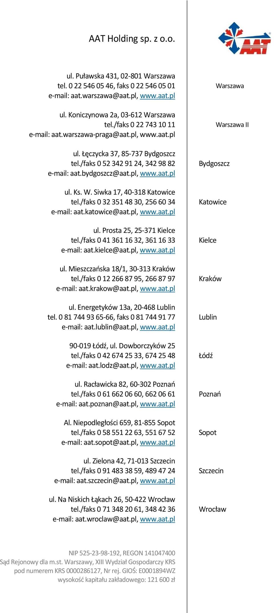 Siwka 17, 40-318 Katowice tel./faks 0 32 351 48 30, 256 60 34 e-mail: aat.katowice@aat.pl, www.aat.pl ul. Prosta 25, 25-371 Kielce tel./faks 0 41 361 16 32, 361 16 33 e-mail: aat.kielce@aat.pl, www.aat.pl ul. Mieszczańska 18/1, 30-313 Kraków tel.