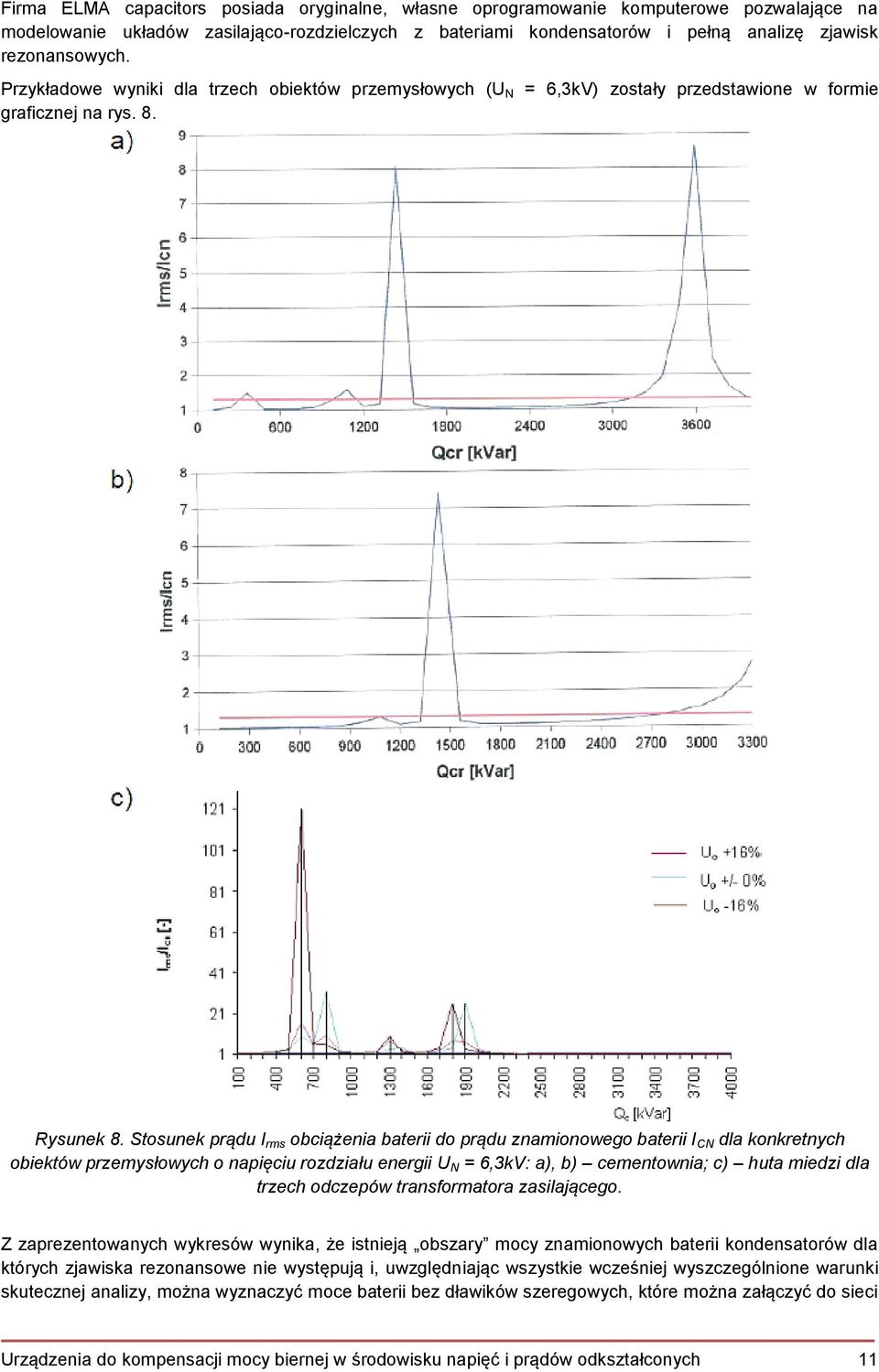 Stosunek prądu I rms obciążenia baterii do prądu znamionowego baterii I CN dla konkretnych obiektów przemysłowych o napięciu rozdziału energii U N = 6,3kV: a), b) cementownia; c) huta miedzi dla
