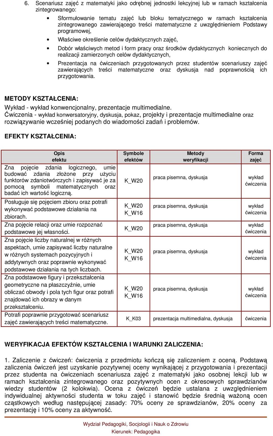 realizacji zamierzonych celów dydaktycznych, Prezentacja na ch przygotowanych przez studentów scenariuszy zajęć zawierających treści matematyczne oraz dyskusja nad poprawnością ich przygotowania.