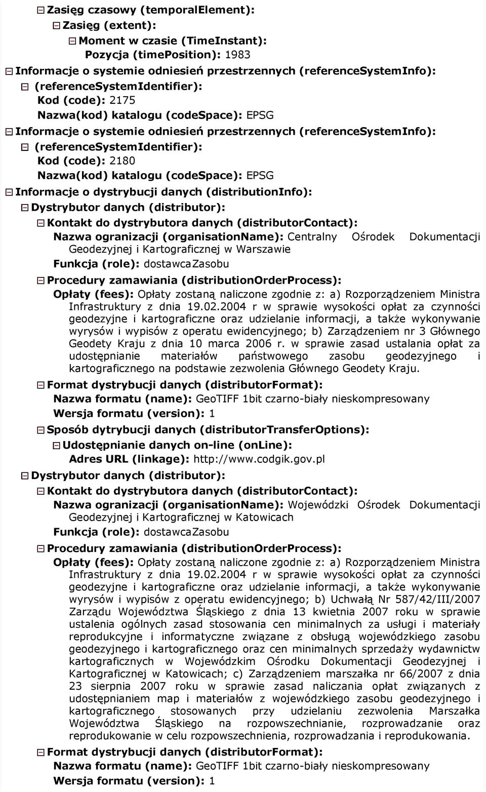 Nazwa(kod) katalogu (codespace): EPSG Informacje o dystrybucji danych (distributioninfo): Nazwa ogranizacji (organisationname): Centralny Geodezyjnej i Kartograficznej w Warszawie Ośrodek