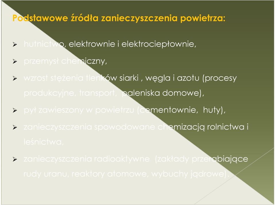 domowe), pył zawieszony w powietrzu (cementownie, huty), zanieczyszczenia spowodowane chemizacją