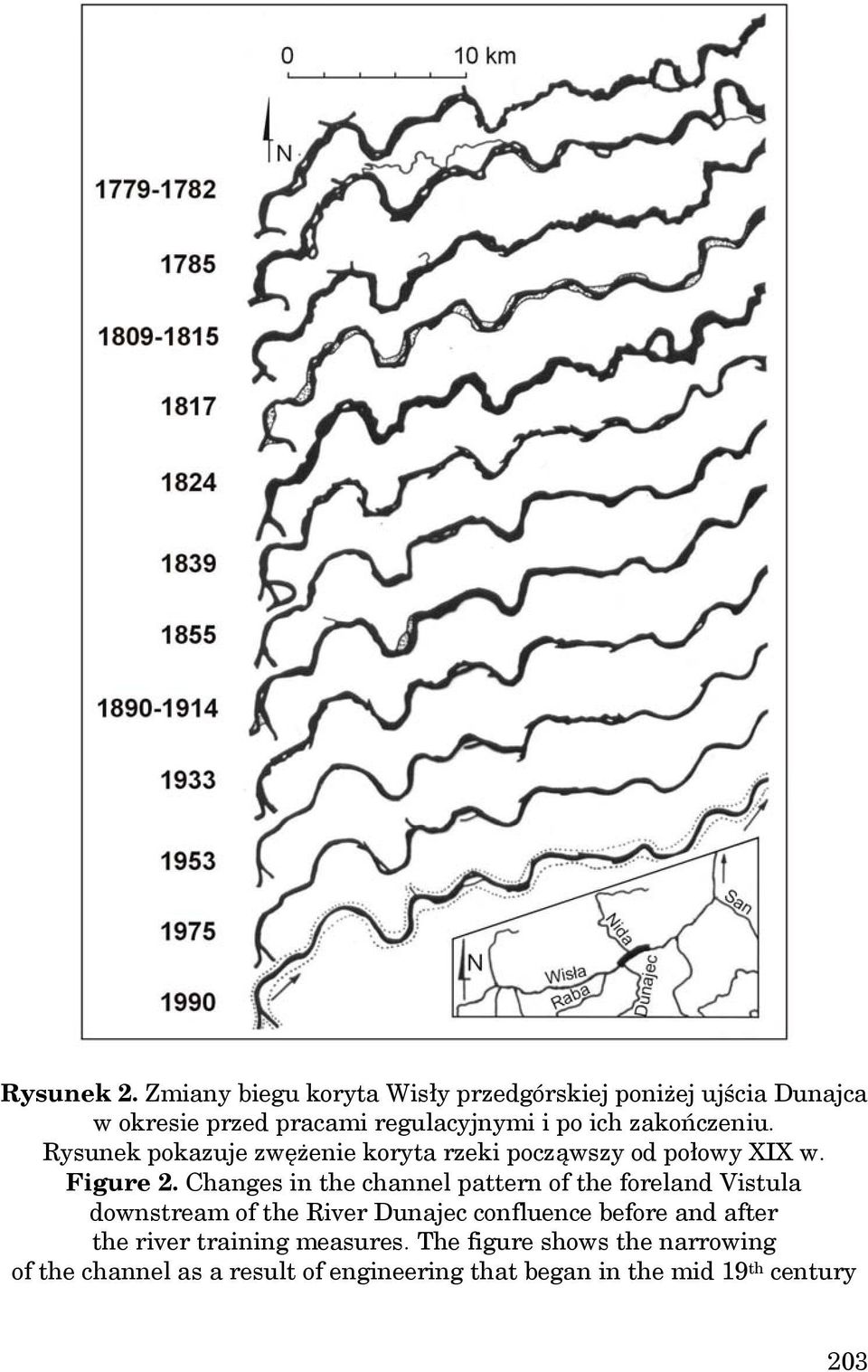 zakończeniu. Rysunek pokazuje zwężenie koryta rzeki począwszy od połowy XIX w. Figure 2.