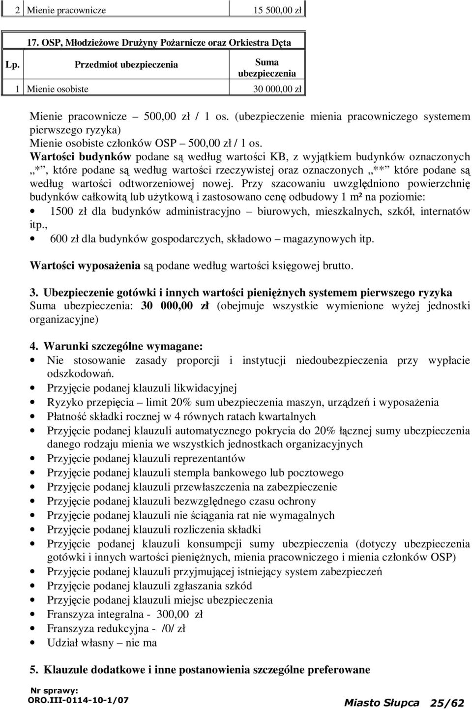 Wartości budynków podane są według wartości KB, z wyjątkiem budynków oznaczonych *, które podane są według wartości rzeczywistej oraz oznaczonych ** które podane są według wartości odtworzeniowej