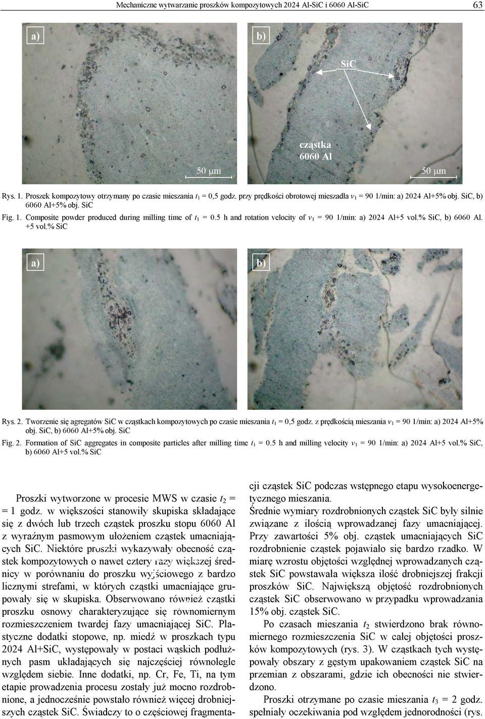 5 h and rotation velocity of v 1 = 90 1/min: 04 Al+5 vol.% SiC, 6060 Al. +5 vol.% SiC Rys.. Tworzenie się agregatów SiC w cząstkach kompozytowych po czasie mieszania t 1 = 0,5 godz.