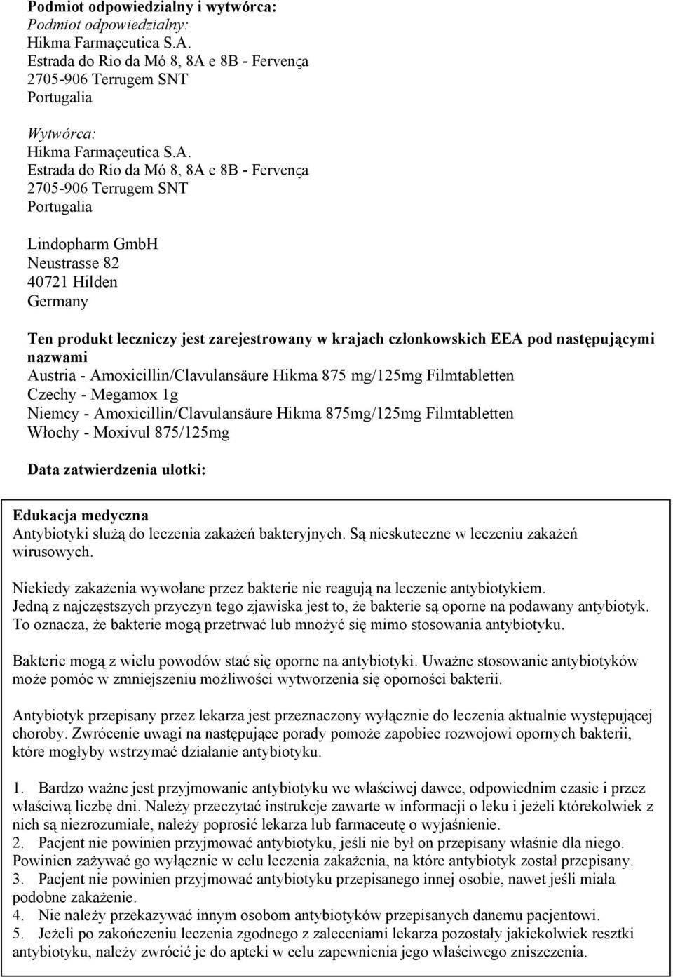 e 8B - Fervenςa 2705-906 Terrugem SNT Portugalia Wytwórca: Hikma Farmaçeutica S.A.