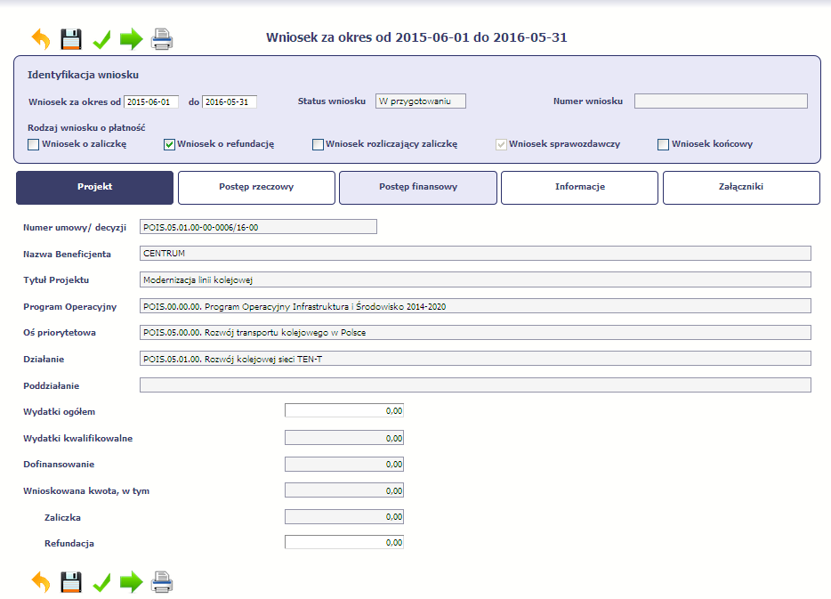 Wniosek o płatność w SL2014 postęp finansowy (zakładka Dochód) Kwoty zarejestrowane w zakładce Dochód obniżają automatycznie kwotę