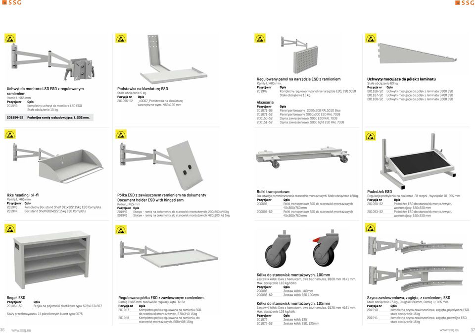 201949 Kompletny regulowany panel na narzędzia ESD, ESD S050 Stałe obciążenie 15 kg.