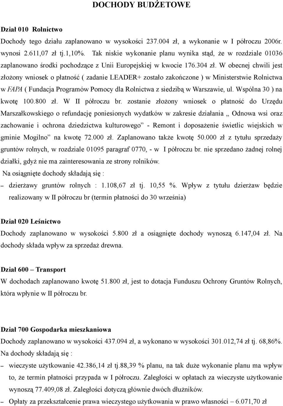 W obecnej chwili jest złożony wniosek o płatność ( zadanie LEADER+ zostało zakończone ) w Ministerstwie Rolnictwa w FAPA ( Fundacja Programów Pomocy dla Rolnictwa z siedzibą w Warszawie, ul.