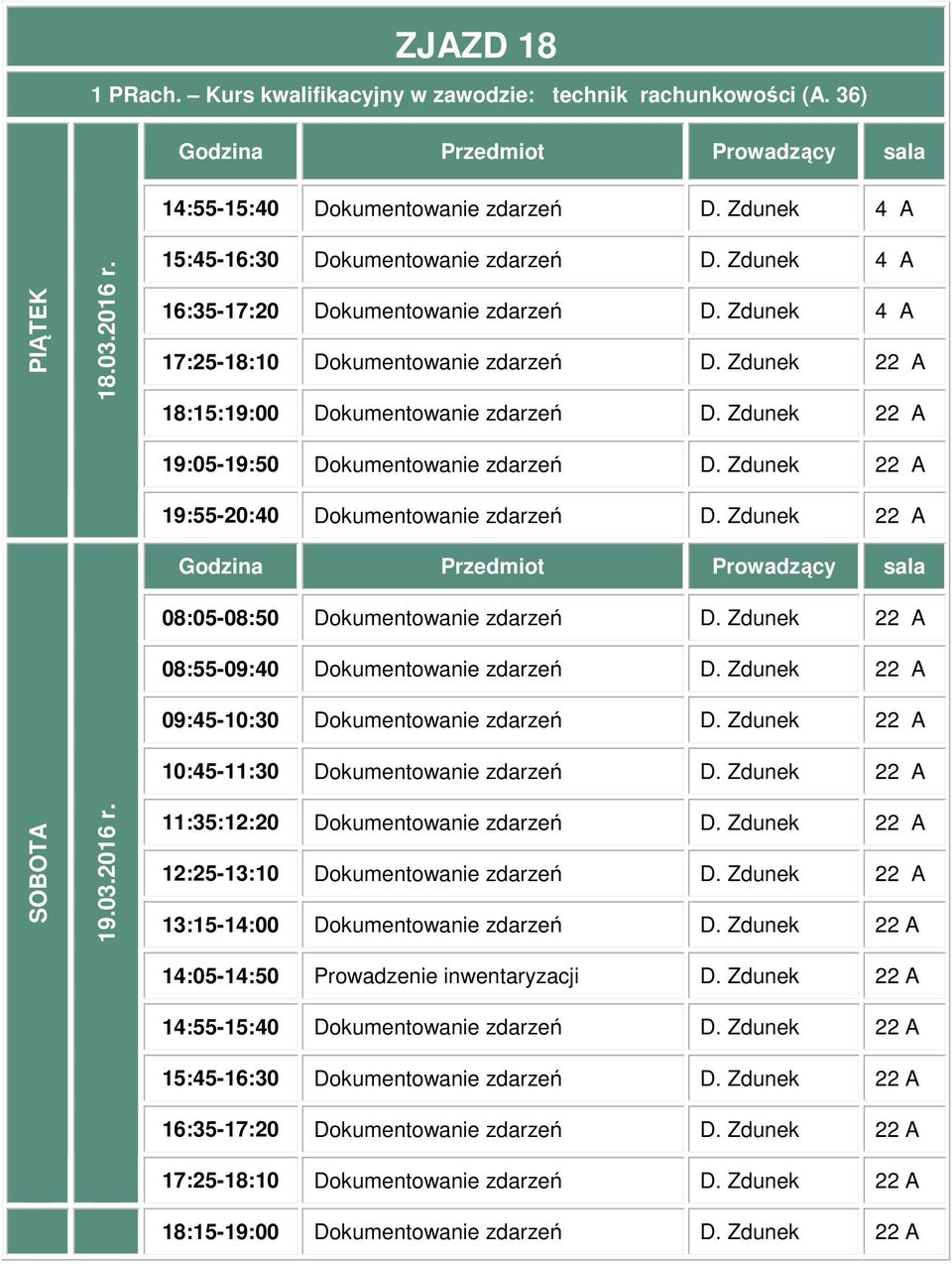 Zdunek 09:45-10:30 Dokumentowanie zdarzeń D. Zdunek 10:45-11:30 Dokumentowanie zdarzeń D. Zdunek 11:35:12:20 Dokumentowanie zdarzeń D. Zdunek 12:25-13:10 Dokumentowanie zdarzeń D.