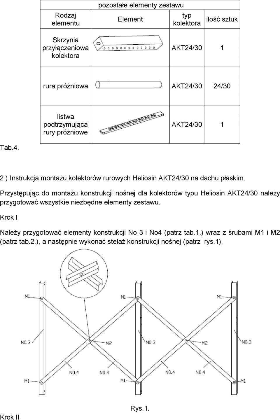 Przystępując do montażu konstrukcji nośnej dla kolektorów typu Heliosin AKT24/30 należy przygotować wszystkie niezbędne elementy zestawu.