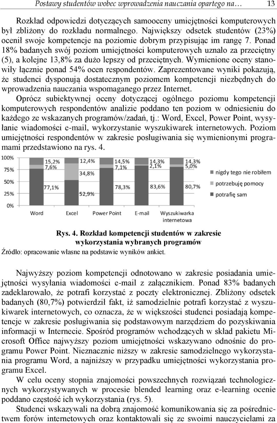 Ponad 18% badanych swój poziom umiejętności komputerowych uznało za przeciętny (5), a kolejne 13,8% za dużo lepszy od przeciętnych. Wymienione oceny stanowiły łącznie ponad 54% ocen respondentów.