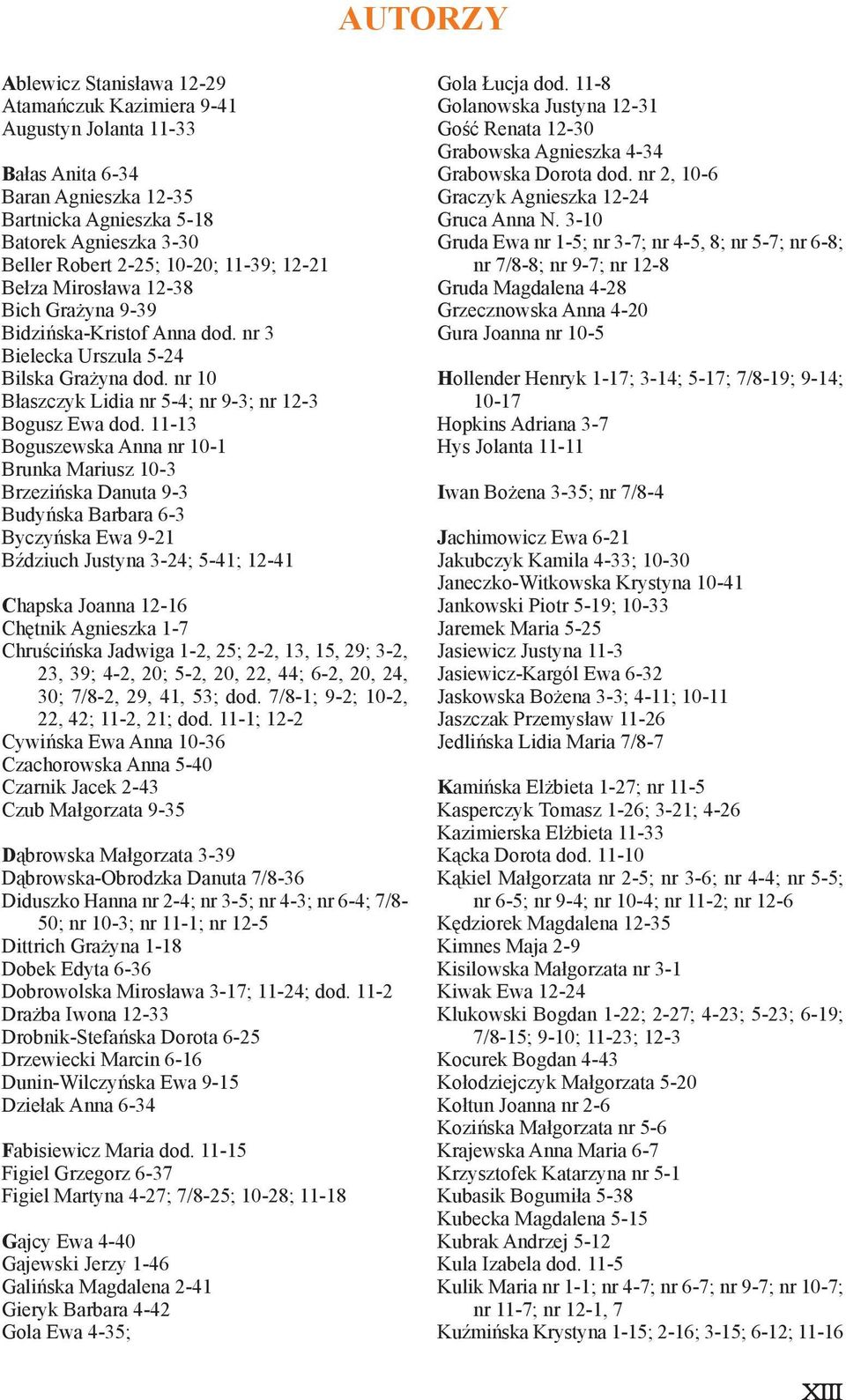 11-13 Boguszewska Anna nr 10-1 Brunka Mariusz 10-3 Brzezińska Danuta 9-3 Budyńska Barbara 6-3 Byczyńska Ewa 9-21 Bździuch Justyna 3-24; 5-41; 12-41 Chapska Joanna 12-16 Chętnik Agnieszka 1-7