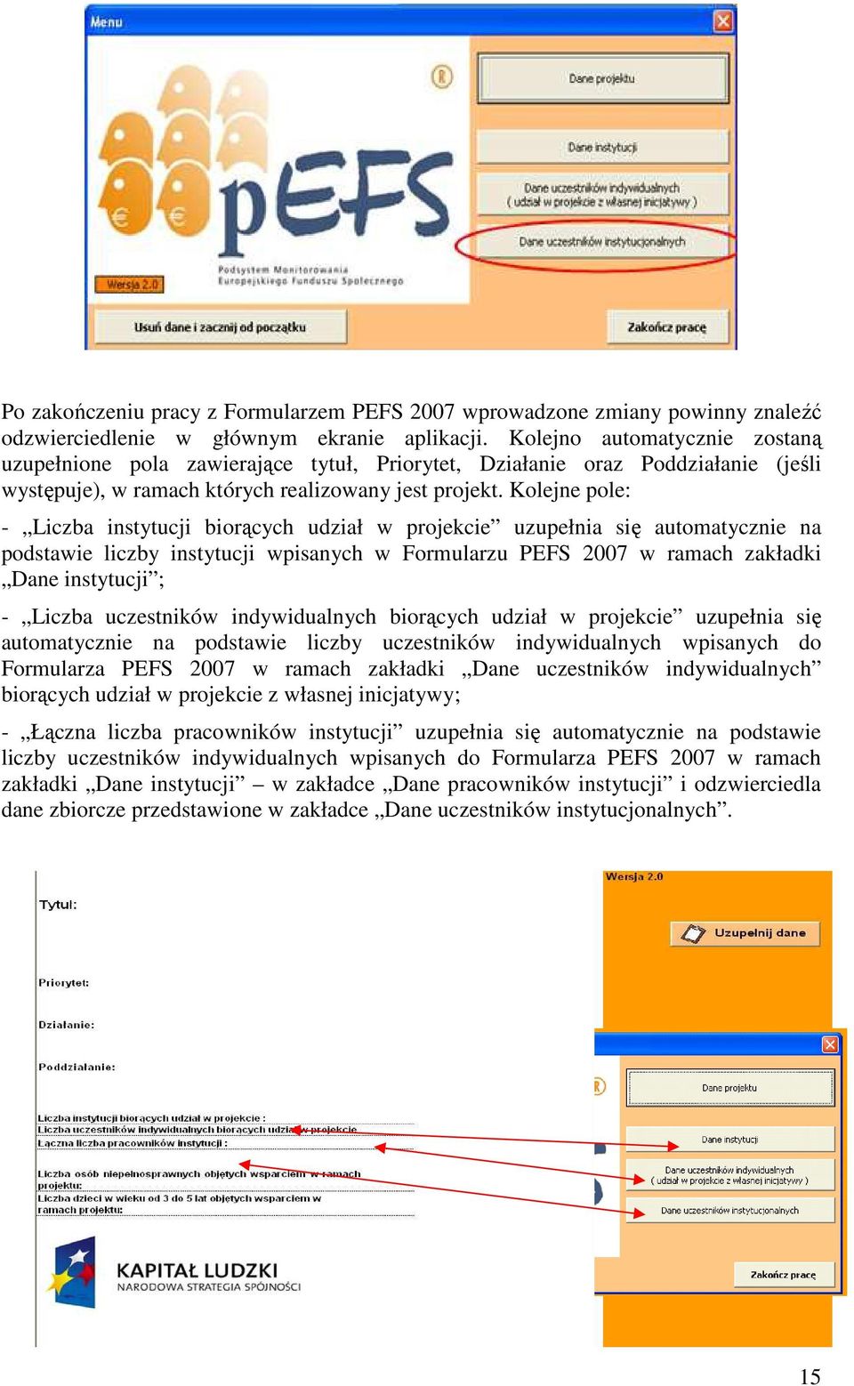 Kolejne pole: - Liczba instytucji biorących udział w projekcie uzupełnia się automatycznie na podstawie liczby instytucji wpisanych w Formularzu PEFS 2007 w ramach zakładki Dane instytucji ; - Liczba