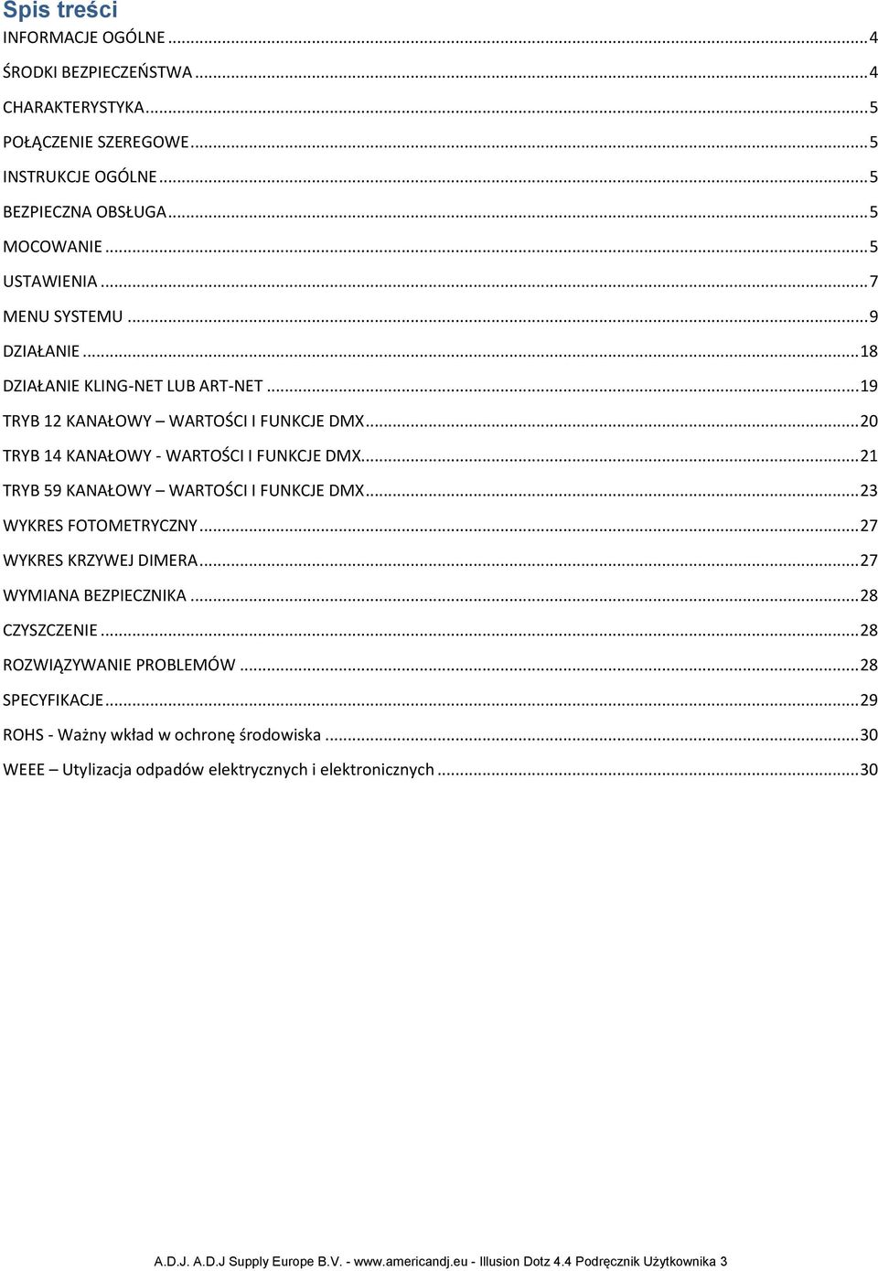 .. 21 TRYB 59 KANAŁOWY WARTOŚCI I FUNKCJE DMX... 23 WYKRES FOTOMETRYCZNY... 27 WYKRES KRZYWEJ DIMERA... 27 WYMIANA BEZPIECZNIKA... 28 CZYSZCZENIE... 28 ROZWIĄZYWANIE PROBLEMÓW.