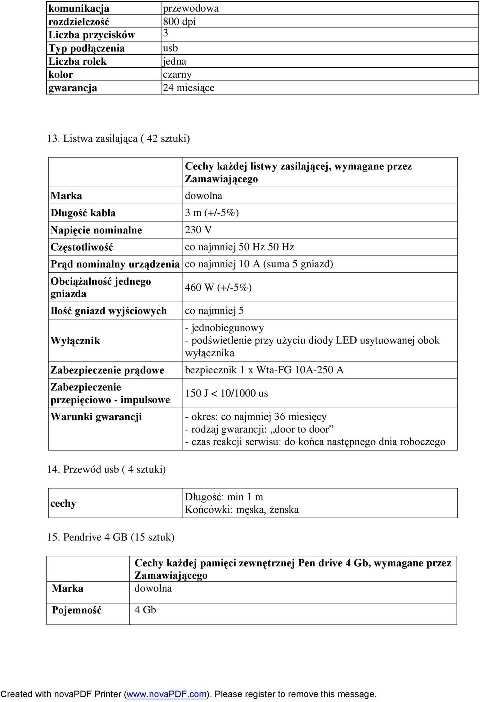 urządzenia co najmniej 10 A (suma 5 gniazd) Obciążalność jednego gniazda 460 W (+/-5%) Ilość gniazd wyjściowych co najmniej 5 Wyłącznik Zabezpieczenie prądowe Zabezpieczenie przepięciowo - impulsowe