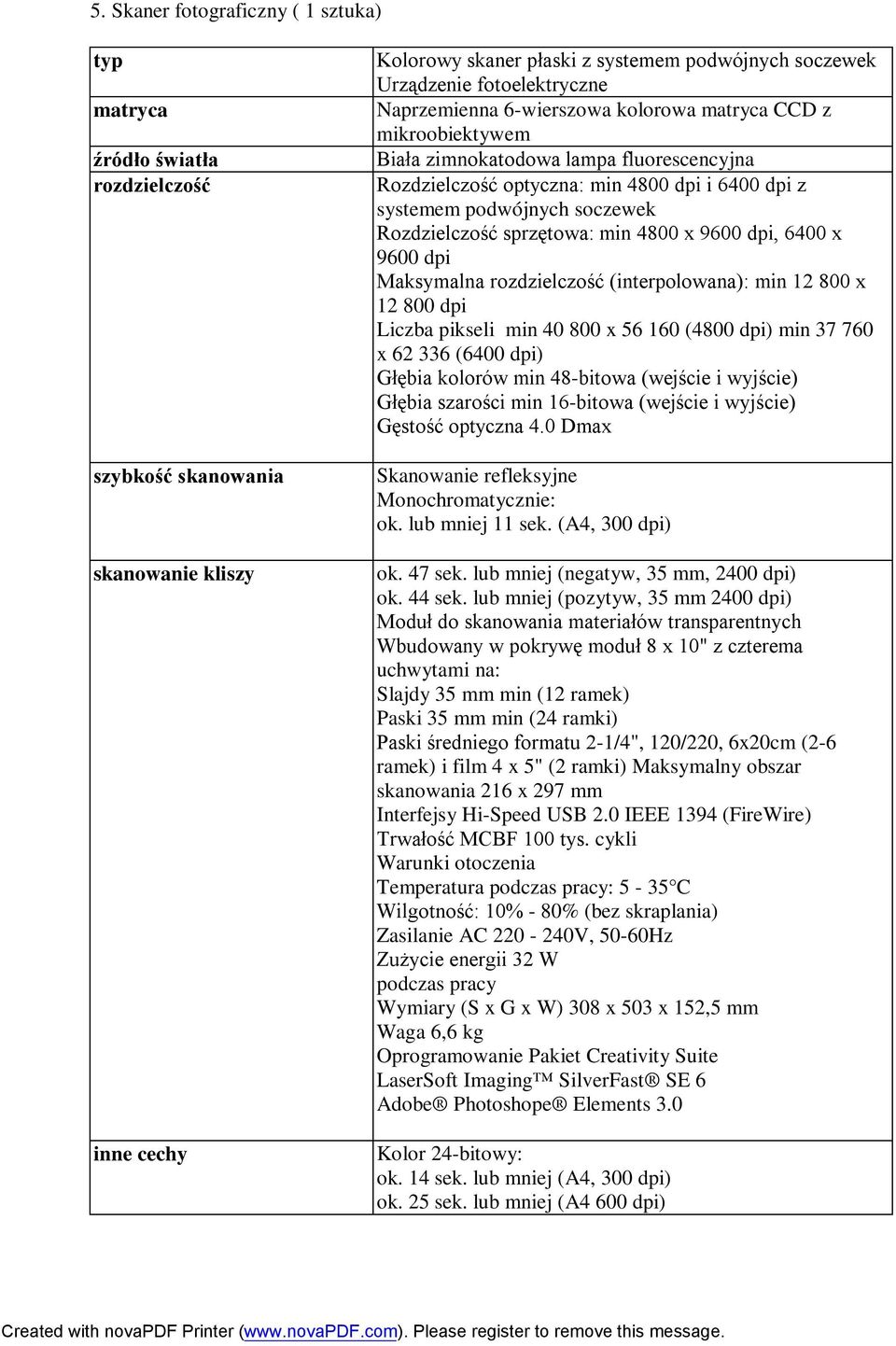 soczewek Rozdzielczość sprzętowa: min 4800 x 9600 dpi, 6400 x 9600 dpi Maksymalna rozdzielczość (interpolowana): min 12 800 x 12 800 dpi Liczba pikseli min 40 800 x 56 160 (4800 dpi) min 37 760 x 62