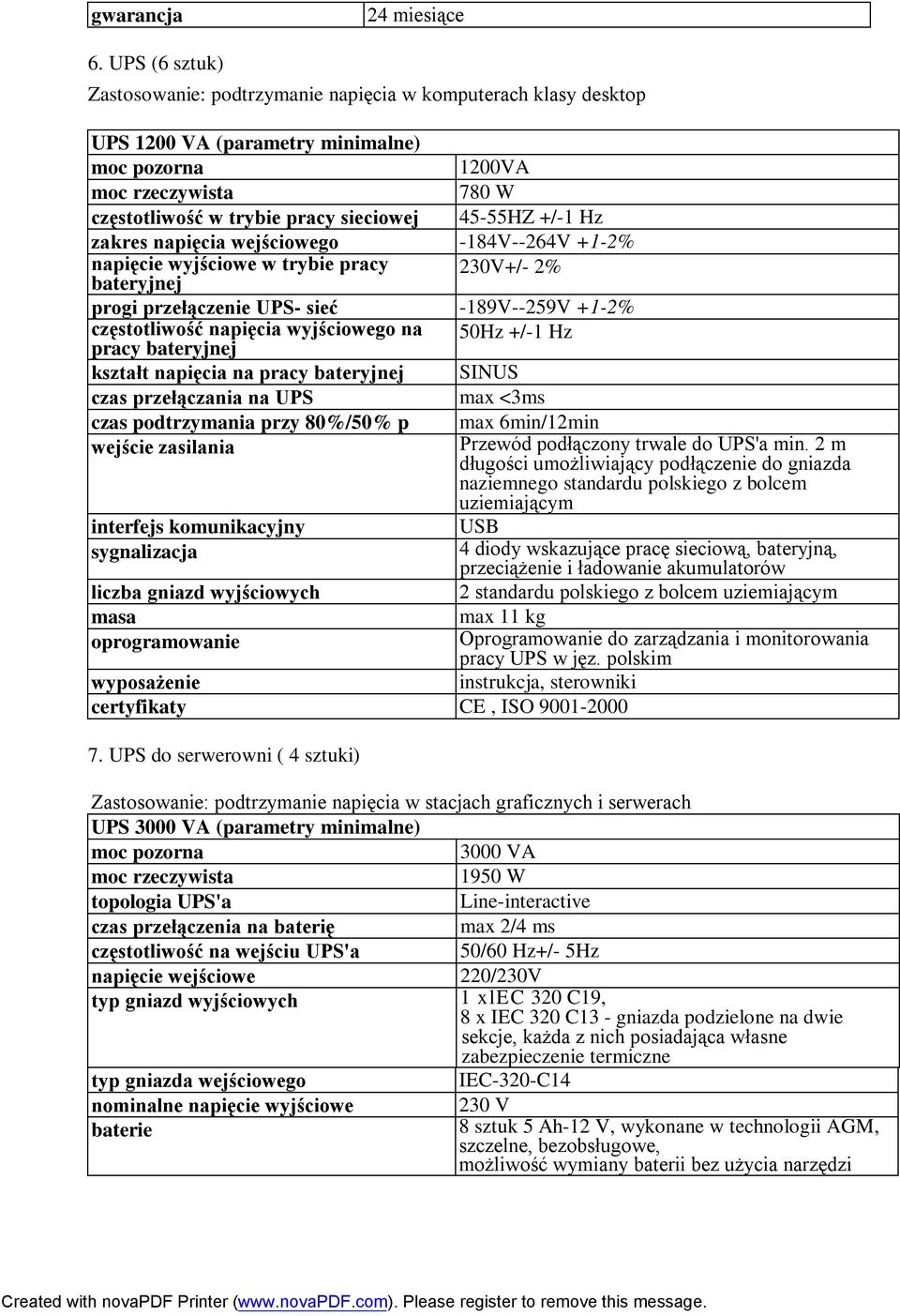 +/-1 Hz zakres napięcia wejściowego -184V--264V +1-2% napięcie wyjściowe w trybie pracy bateryjnej 230V+/- 2% progi przełączenie UPS- sieć -189V--259V +1-2% częstotliwość napięcia wyjściowego na