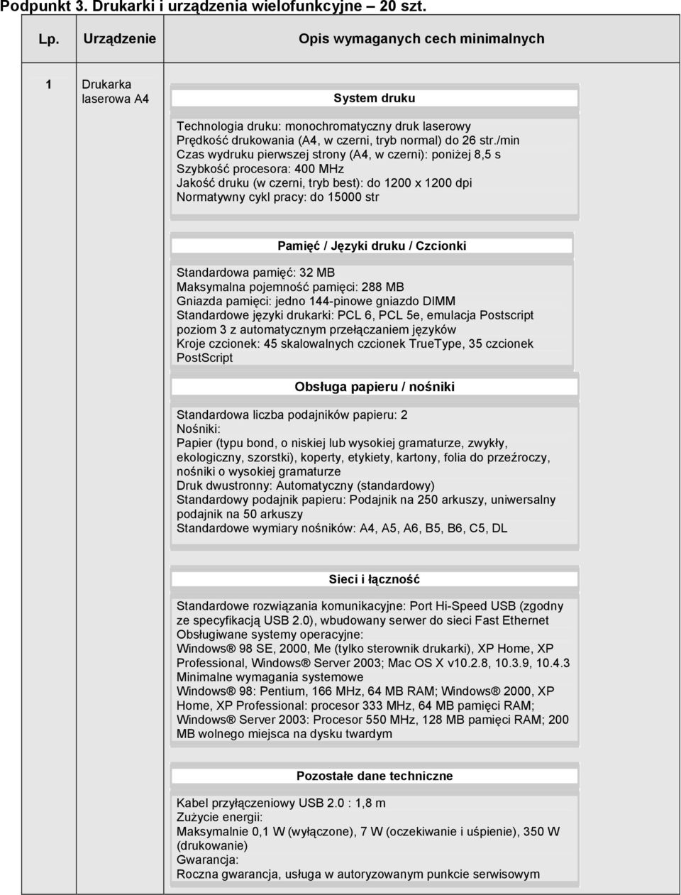 /min Czas wydruku pierwszej strony (A4, w czerni): poniżej 8,5 s Szybkość procesora: 400 MHz Jakość druku (w czerni, tryb best): do 200 x 200 dpi Normatywny cykl pracy: do 5000 str Pamięć / Języki