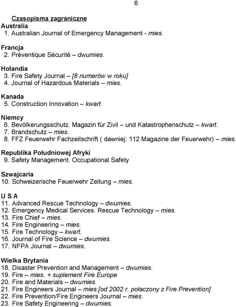 FFZ Feuerwehr Fachzeitschrift ( dawniej: 112 Magazine der Feuerwehr) mies. Republika Południowej Afryki 9. Safety Management. Occupational Safety Szwajcaria 10. Schweizerische Feuerwehr Zeitung mies.