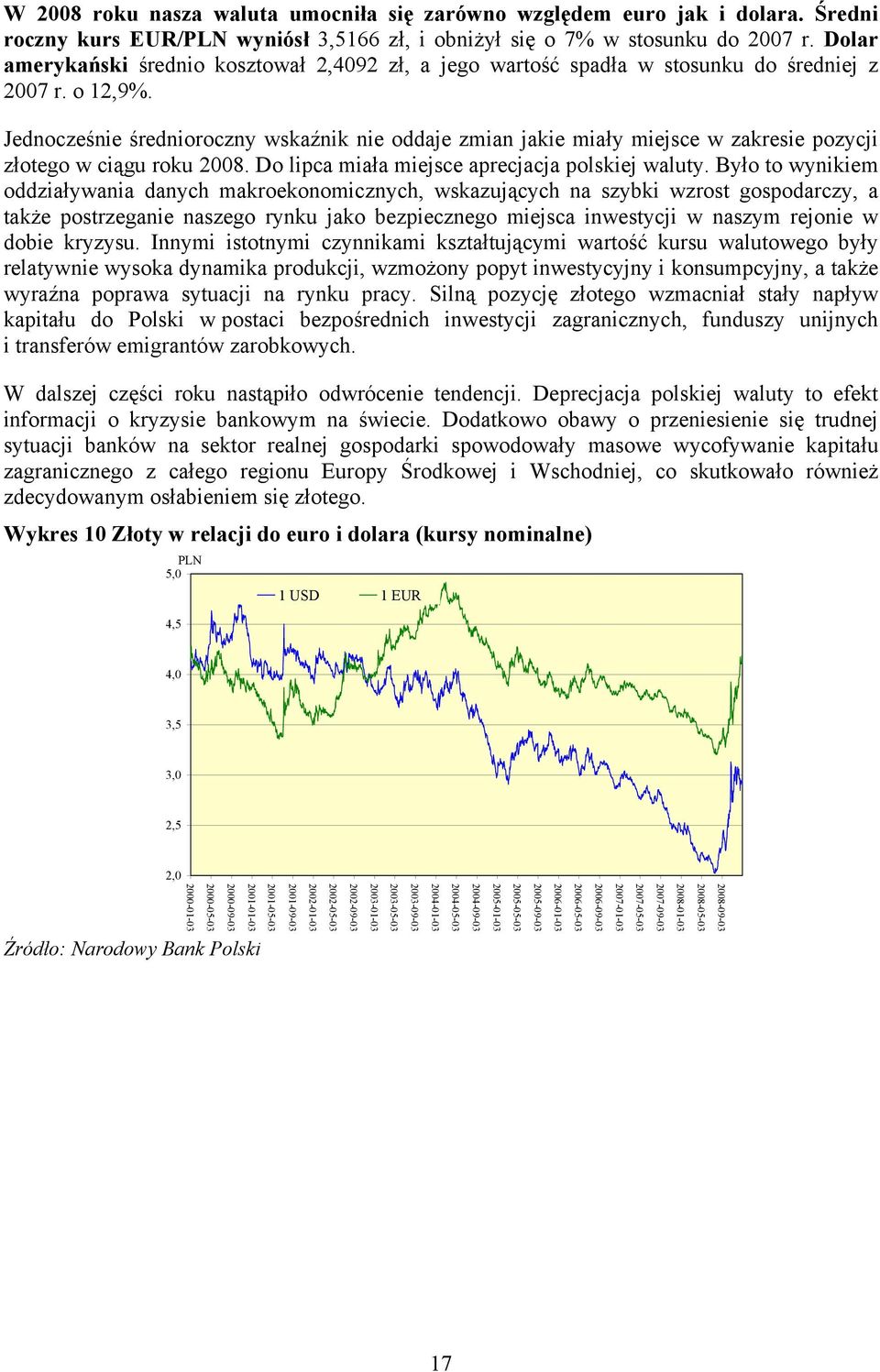 Jednocześnie średnioroczny wskaźnik nie oddaje zmian jakie miały miejsce w zakresie pozycji złotego w ciągu roku 2008. Do lipca miała miejsce aprecjacja polskiej waluty.