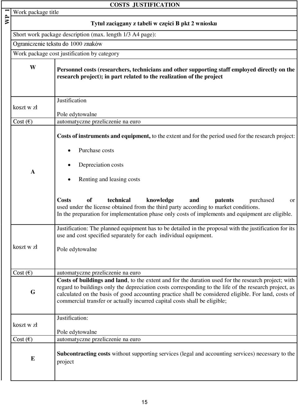 research project); in part related to the realization of the project koszt w zł Cost ( ) Justification Pole edytowalne automatyczne przeliczenie na euro Costs of instruments and equipment, to the