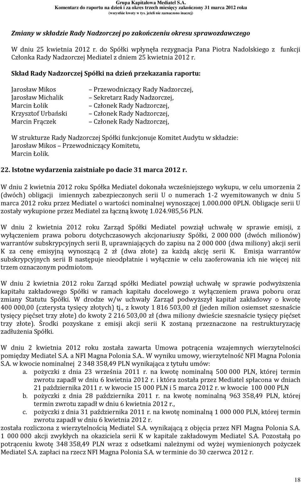 Skład Rady Nadzorczej Spółki na dzień przekazania raportu: Jarosław Mikos Jarosław Michalik Marcin Łolik Krzysztof Urbański Marcin Frączek Przewodniczący Rady Nadzorczej, Sekretarz Rady Nadzorczej,