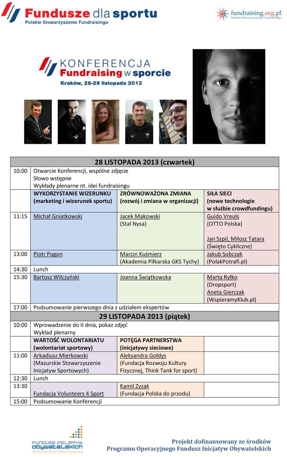 technologie w służbie crowdfundingu) Guido Vreuls (OTTO Polska) 13:00 Piotr Pogon Marcin Kuśmierz (Akademia Piłkarska GKS Tychy) Jan Szpil, Miłosz Tatara (Święto Cykliczne) Jakub Sobczak