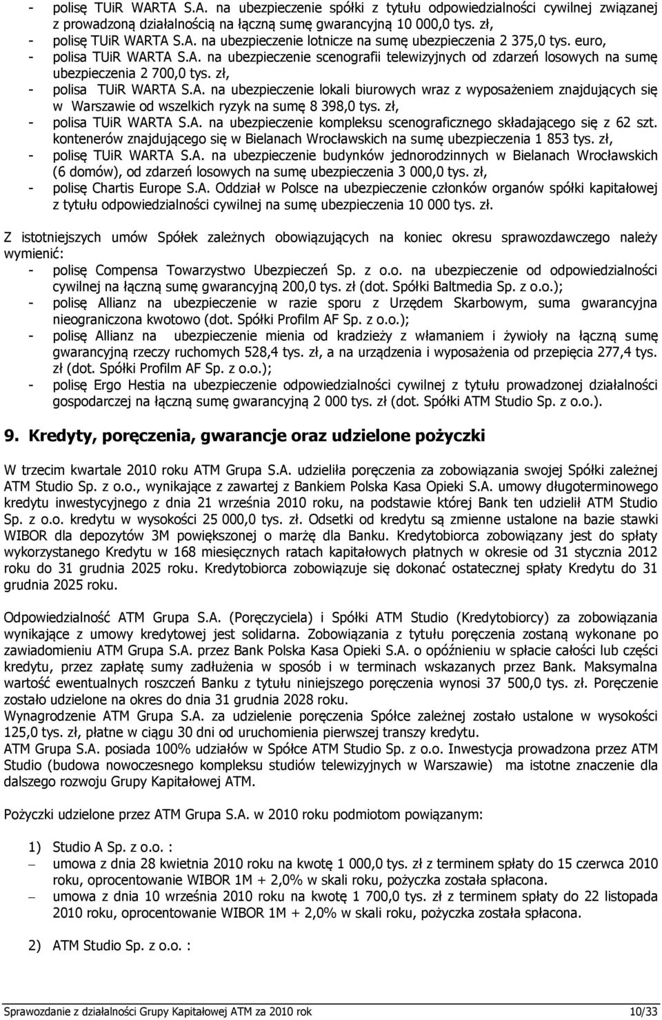 zł, - polisa TUiR WARTA S.A. na ubezpieczenie kompleksu scenograficznego składającego się z 62 szt. kontenerów znajdującego się w Bielanach Wrocławskich na sumę ubezpieczenia 1 853 tys.