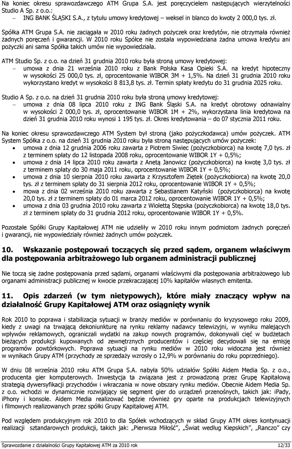 W 2010 roku Spółce nie została wypowiedziana żadna umowa kredytu ani pożyczki ani sama Spółka takich umów nie wypowiedziała. ATM Studio Sp. z o.o. na dzień 31 grudnia 2010 roku była stroną umowy kredytowej: umowa z dnia 21 września 2010 roku z Bank Polska Kasa Opieki S.