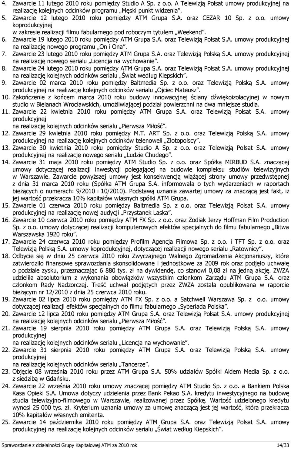 Zawarcie 19 lutego 2010 roku pomiędzy ATM Grupa S.A. oraz Telewizją Polsat S.A. umowy produkcyjnej na realizację nowego programu On i Ona. 7. Zawarcie 23 lutego 2010 roku pomiędzy ATM Grupa S.A. oraz Telewizją Polską S.