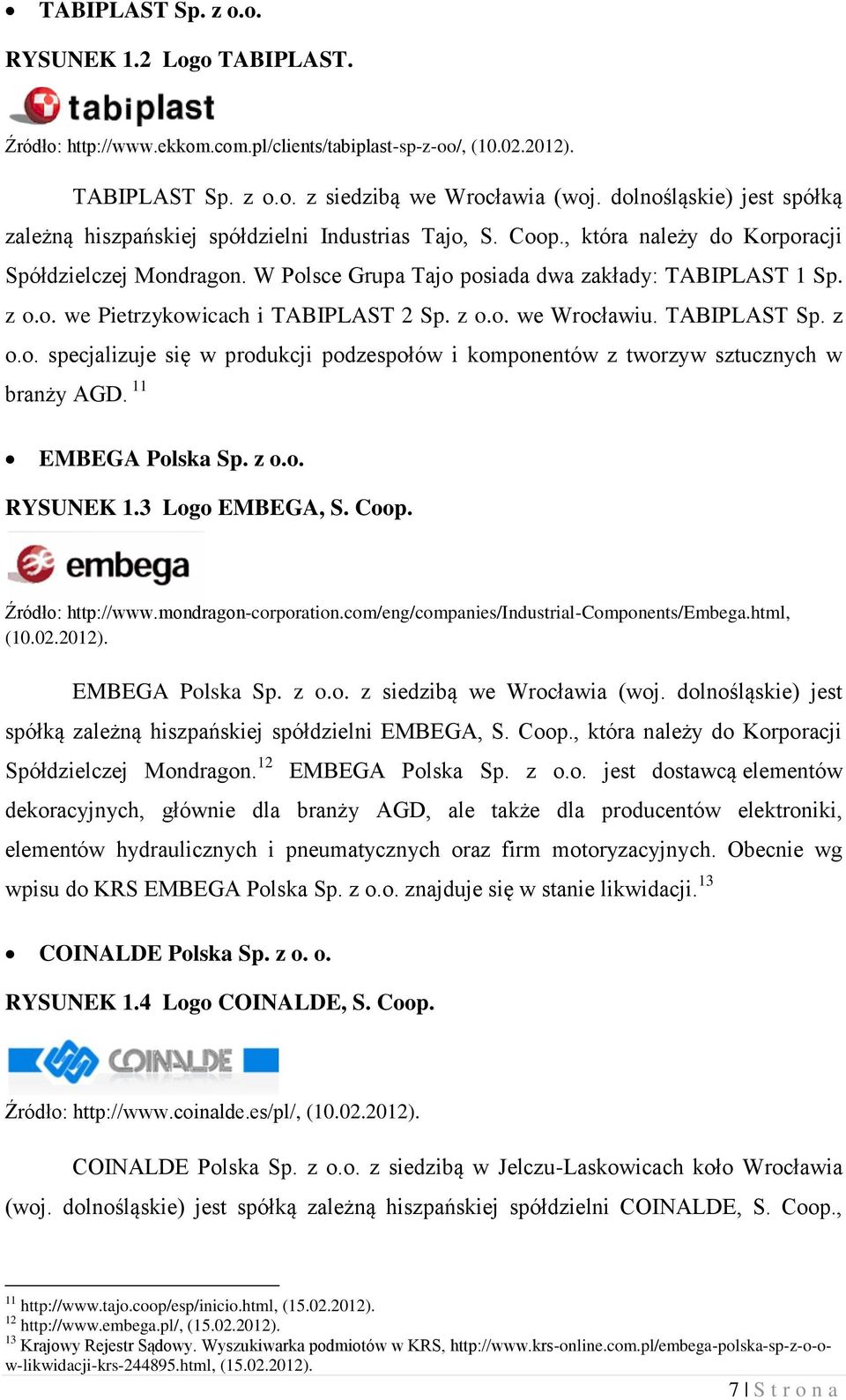 o. we Pietrzykowicach i TABIPLAST 2 Sp. z o.o. we Wrocławiu. TABIPLAST Sp. z o.o. specjalizuje się w produkcji podzespołów i komponentów z tworzyw sztucznych w branży AGD. 11 EMBEGA Polska Sp. z o.o. RYSUNEK 1.