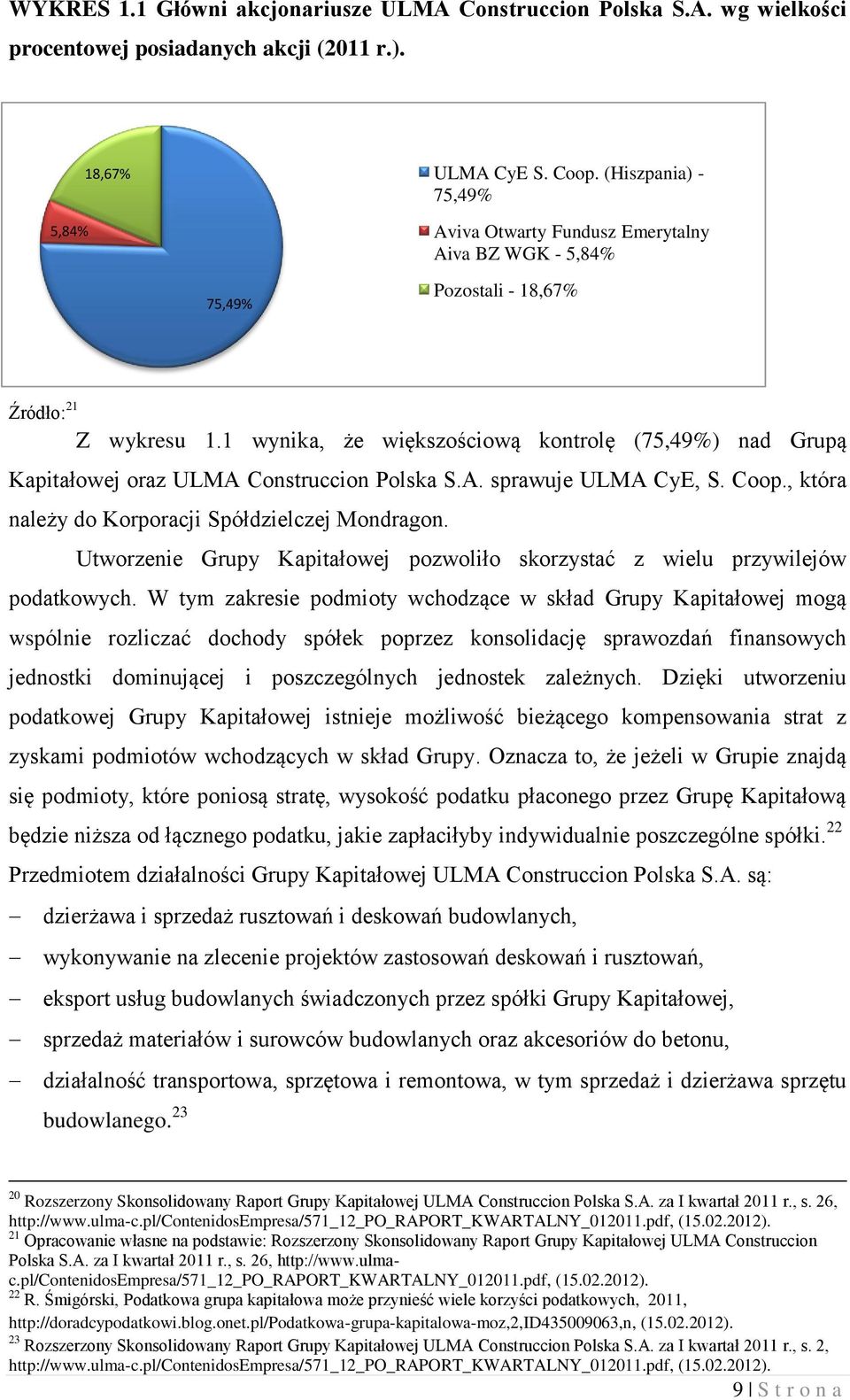 1 wynika, że większościową kontrolę (75,49%) nad Grupą Kapitałowej oraz ULMA Construccion Polska S.A. sprawuje ULMA CyE, S. Coop., która należy do Korporacji Spółdzielczej Mondragon.