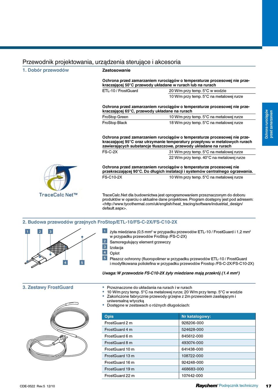 5 C w wodzie 10 W/m przy temp. 5 C na metalowej rurze Ochrona rurociągów o temperaturze procesowej nie przekraczającej 65 C, przewody układane na rurach FroStop Green 10 W/m przy temp.