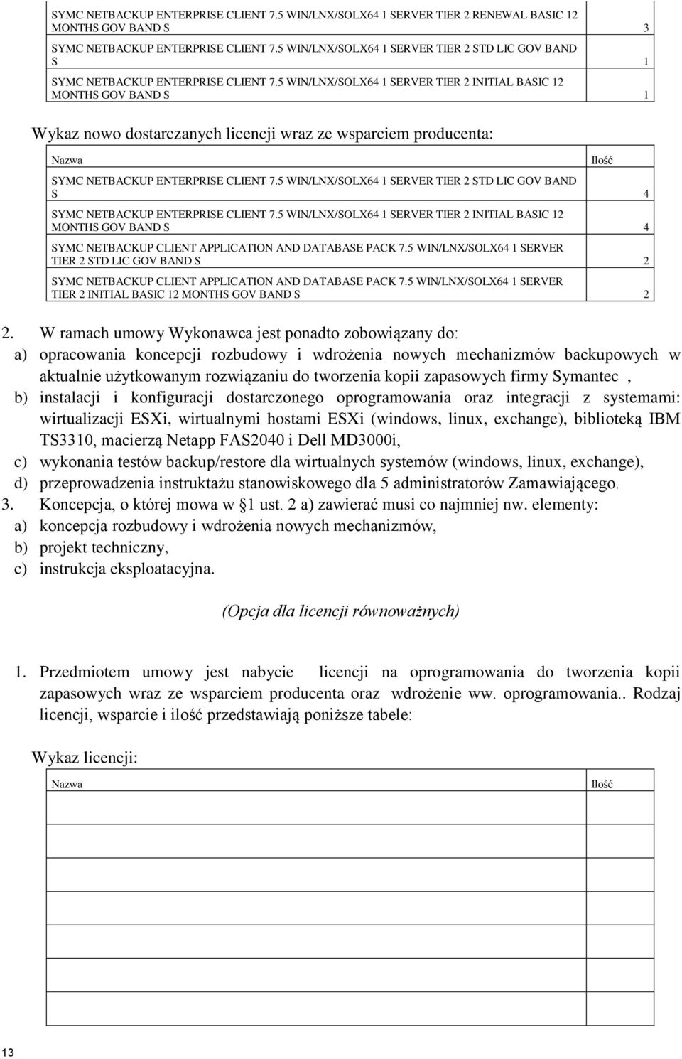 5 WIN/LNX/SOLX64 1 SERVER TIER 2 INITIAL BASIC 12 MONTHS GOV BAND S 1 Wykaz nowo dostarczanych licencji wraz ze wsparciem producenta: Nazwa SYMC NETBACKUP ENTERPRISE CLIENT 7.