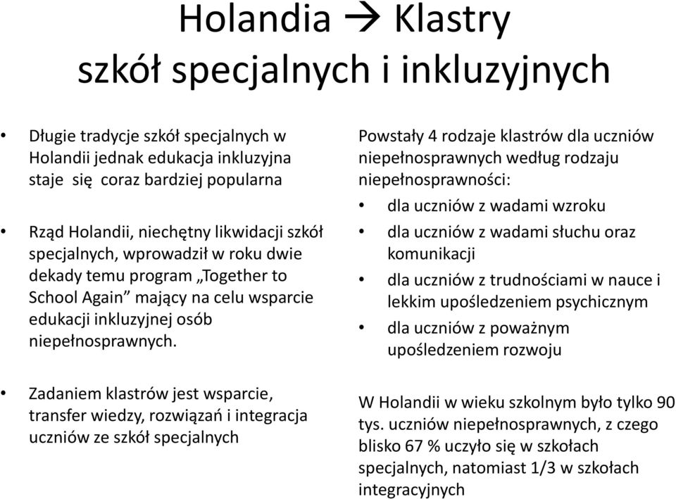 Zadaniem klastrów jest wsparcie, transfer wiedzy, rozwiązań i integracja uczniów ze szkół specjalnych Powstały 4 rodzaje klastrów dla uczniów niepełnosprawnych według rodzaju niepełnosprawności: dla