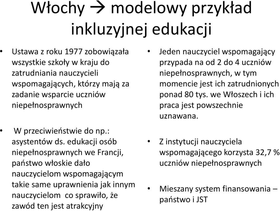 edukacji osób niepełnosprawnych we Francji, państwo włoskie dało nauczycielom wspomagającym takie same uprawnienia jak innym nauczycielom co sprawiło, że zawód ten jest atrakcyjny