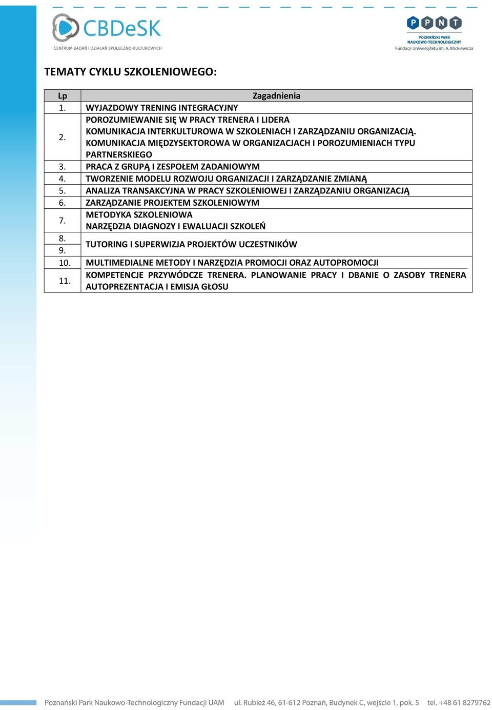 ANALIZA TRANSAKCYJNA W PRACY SZKOLENIOWEJ I ZARZĄDZANIU ORGANIZACJĄ 6. ZARZĄDZANIE PROJEKTEM SZKOLENIOWYM 7. METODYKA SZKOLENIOWA NARZĘDZIA DIAGNOZY I EWALUACJI SZKOLEŃ 8. 9.