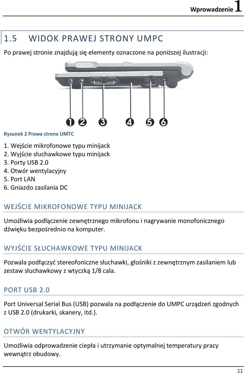 Gniazdo zasilania DC WEJŚCIE MIKROFONOWE TYPU MINIJACK Umożliwia podłączenie zewnętrznego mikrofonu i nagrywanie monofonicznego dźwięku bezpośrednio na komputer.