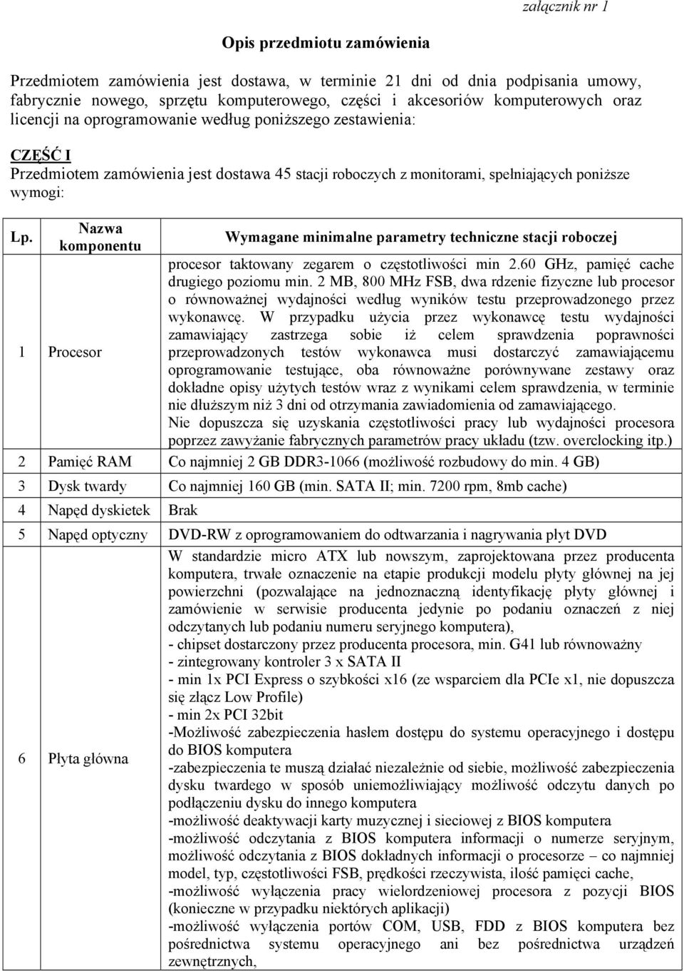 Nazwa komponentu Wymagane minimalne parametry techniczne stacji roboczej procesor taktowany zegarem o częstotliwości min 2.60 GHz, pamięć cache drugiego poziomu min.