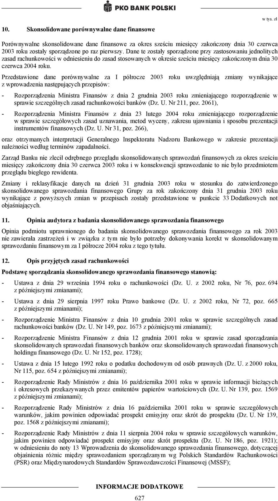 Przedstawione dane porównywalne za I półrocze 2003 roku uwzględniają zmiany wynikające z wprowadzenia następujących przepisów: - Rozporządzenia Ministra Finansów z dnia 2 grudnia 2003 roku