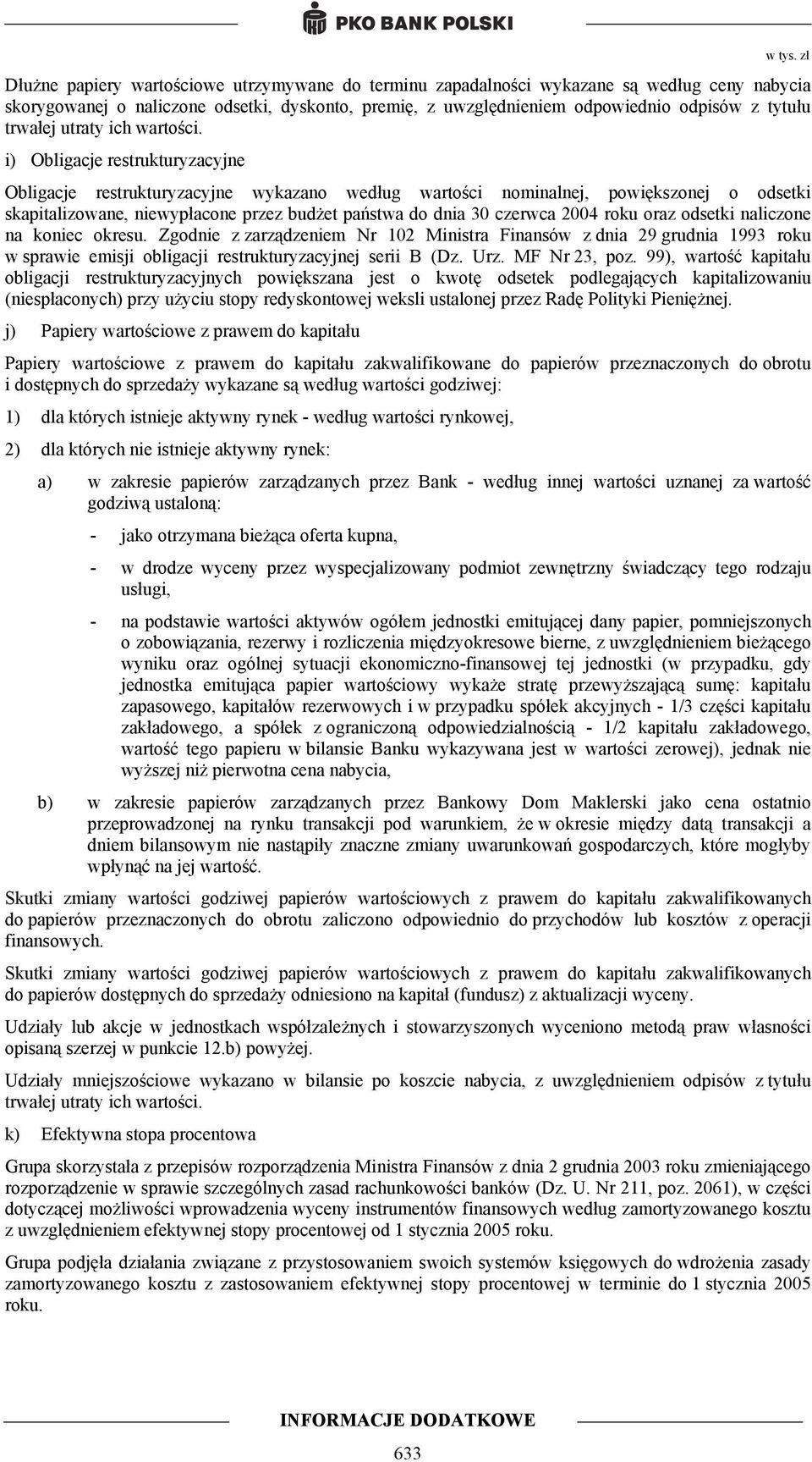 i) Obligacje restrukturyzacyjne Obligacje restrukturyzacyjne wykazano według wartości nominalnej, powiększonej o odsetki skapitalizowane, niewypłacone przez budżet państwa do dnia 30 czerwca 2004