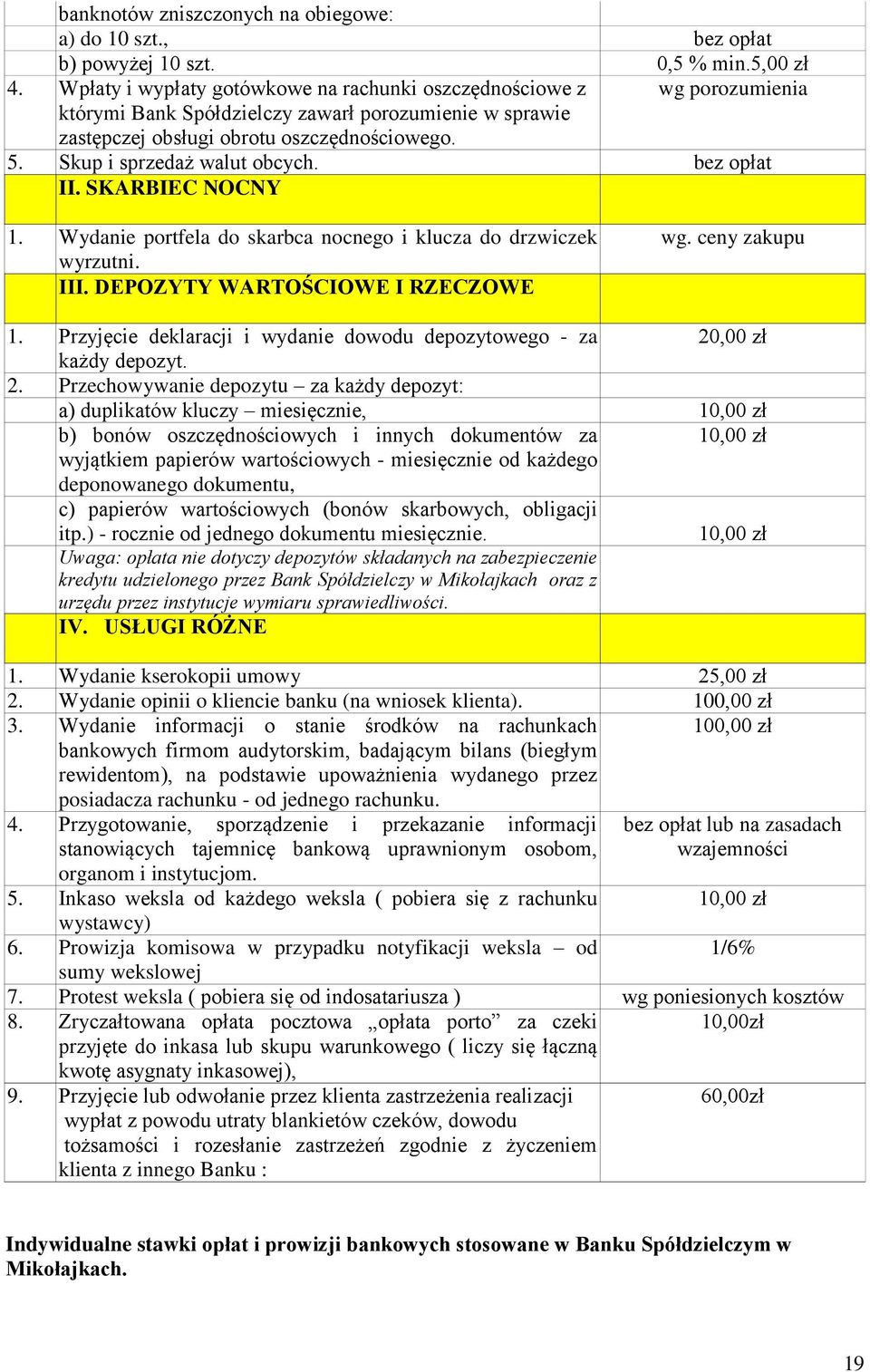 Skup i sprzedaż walut obcych. II. SKARBIEC NOCNY 1. Wydanie portfela do skarbca nocnego i klucza do drzwiczek wyrzutni. III. DEPOZYTY WARTOŚCIOWE I RZECZOWE wg. ceny zakupu 1.